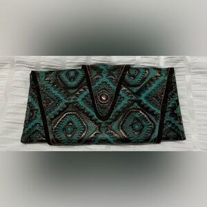 LJ Collection Embossed Leather Aztec Turquoise Copper Wrap Clutch